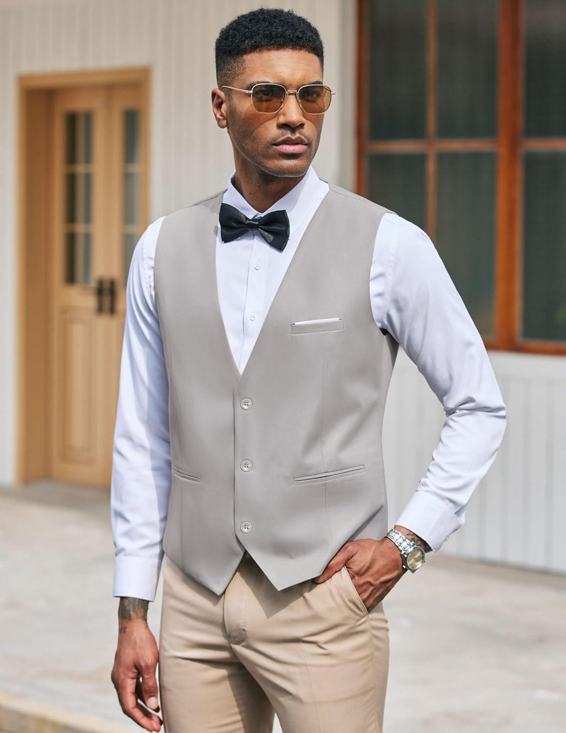imageCOOFANDY Mens Suit Vest Slim Fit Formal Dress Waistcoat Casual Business Vests for Suit or TuxedoGrey