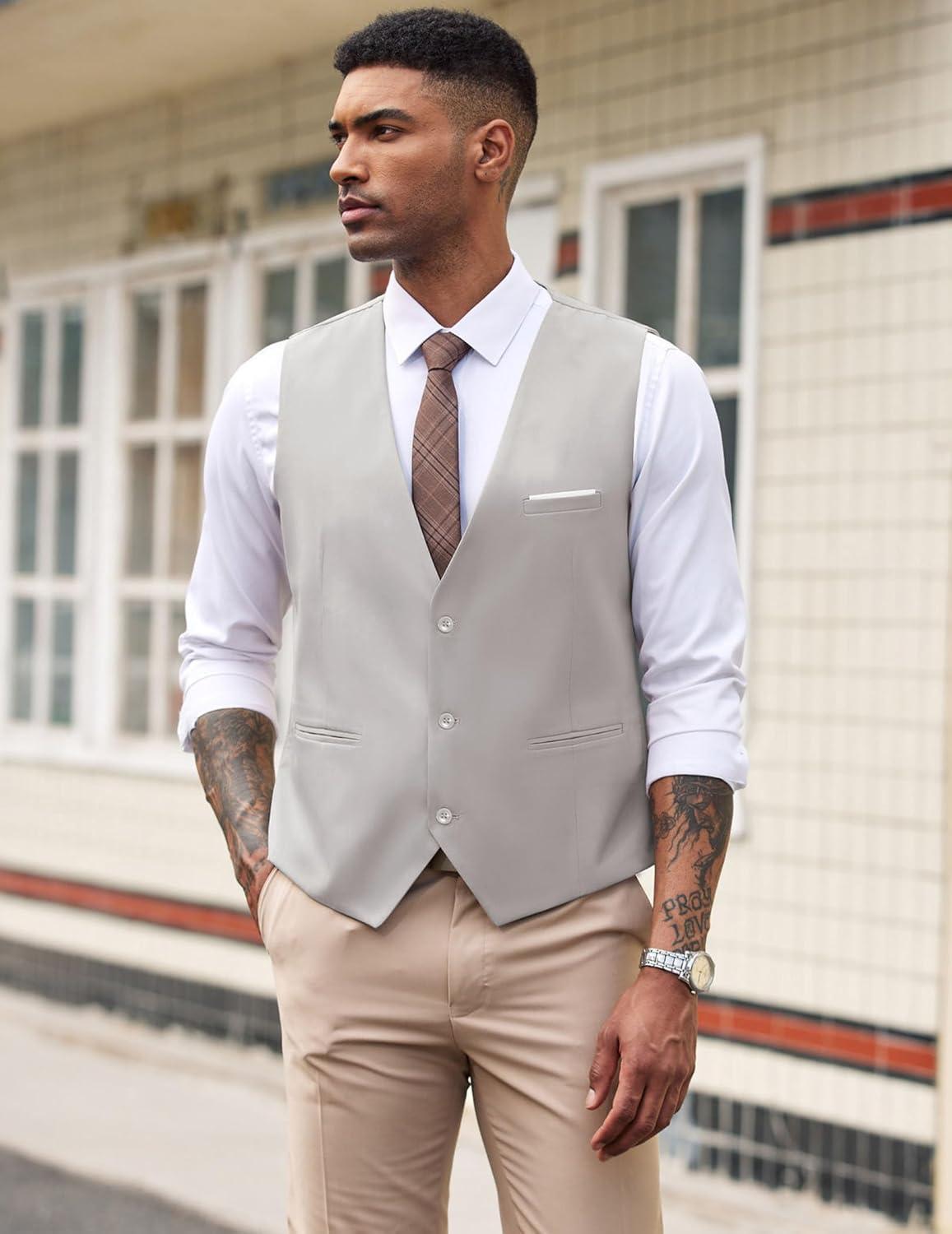 imageCOOFANDY Mens Suit Vest Slim Fit Formal Dress Waistcoat Casual Business Vests for Suit or TuxedoGrey