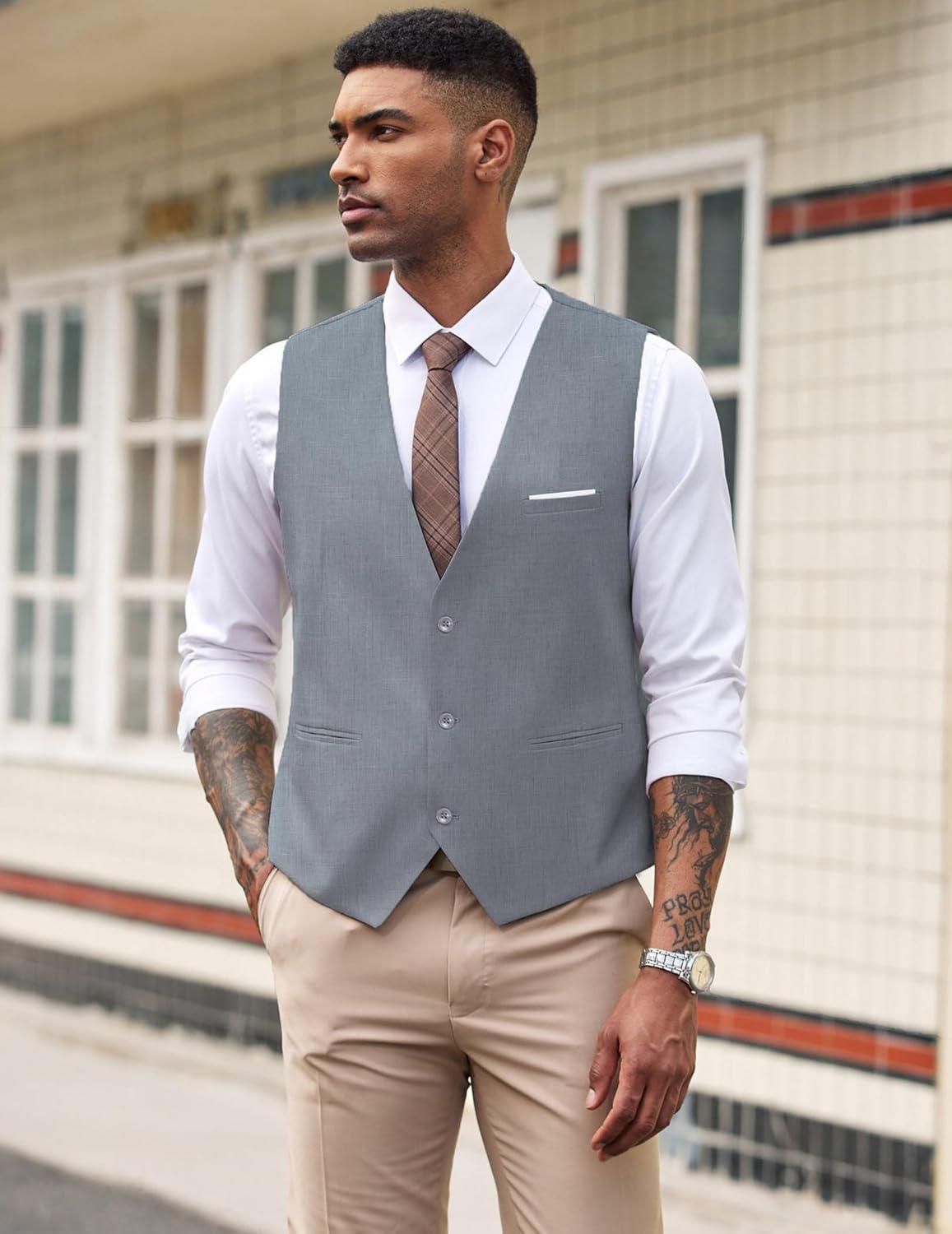 imageCOOFANDY Mens Suit Vest Slim Fit Formal Dress Waistcoat Casual Business Vests for Suit or TuxedoLight Gray