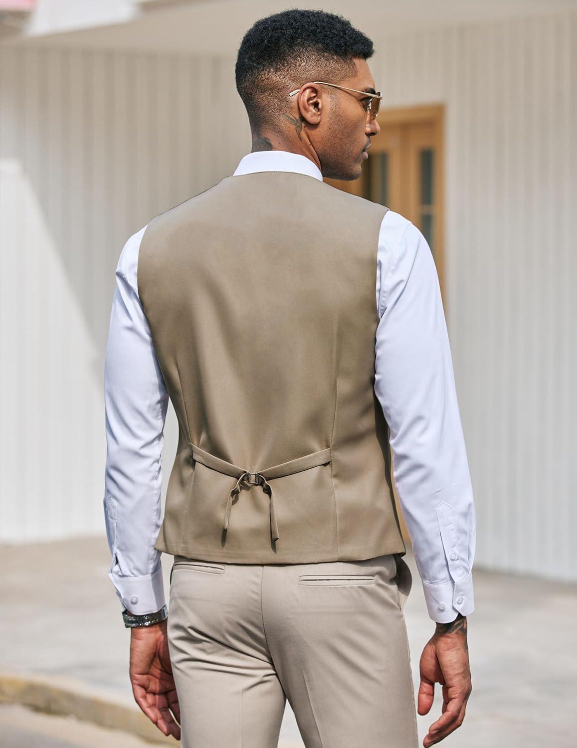 imageCOOFANDY Mens Suit Vest Slim Fit Formal Dress Waistcoat Casual Business Vests for Suit or TuxedoLight Khaki