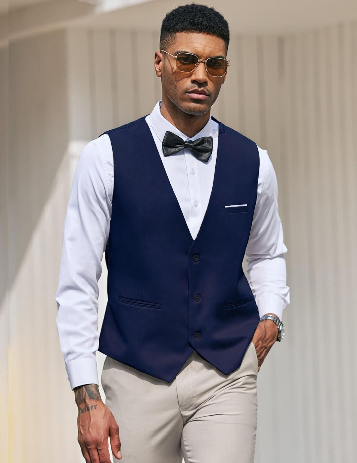 imageCOOFANDY Mens Suit Vest Slim Fit Formal Dress Waistcoat Casual Business Vests for Suit or TuxedoNavy Blue