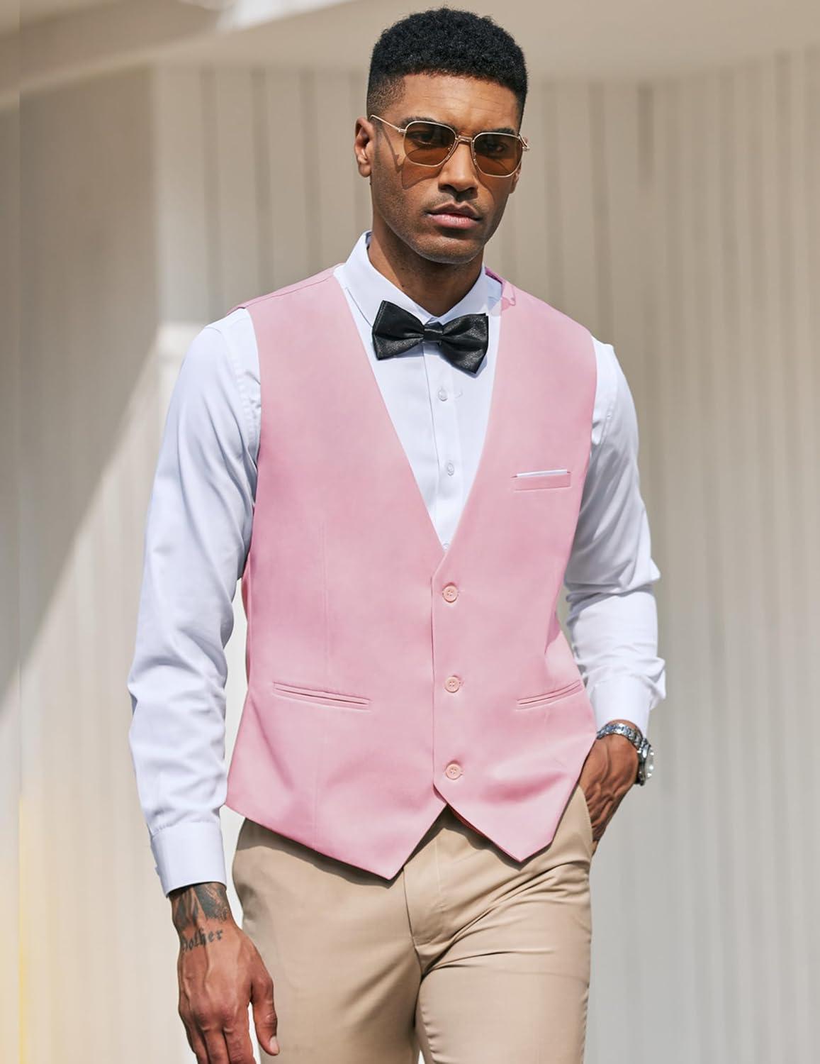 imageCOOFANDY Mens Suit Vest Slim Fit Formal Dress Waistcoat Casual Business Vests for Suit or TuxedoPink