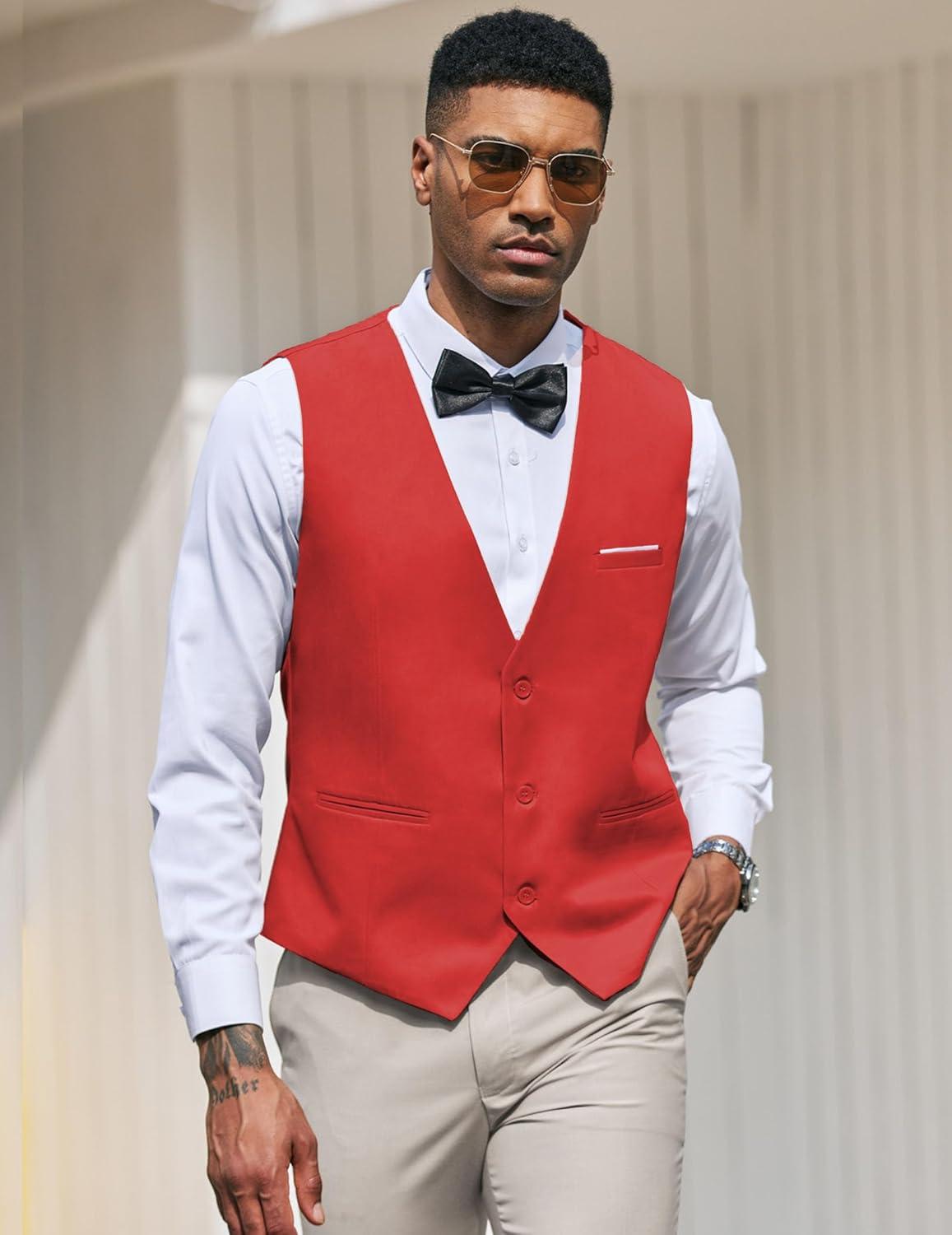 imageCOOFANDY Mens Suit Vest Slim Fit Formal Dress Waistcoat Casual Business Vests for Suit or TuxedoRed