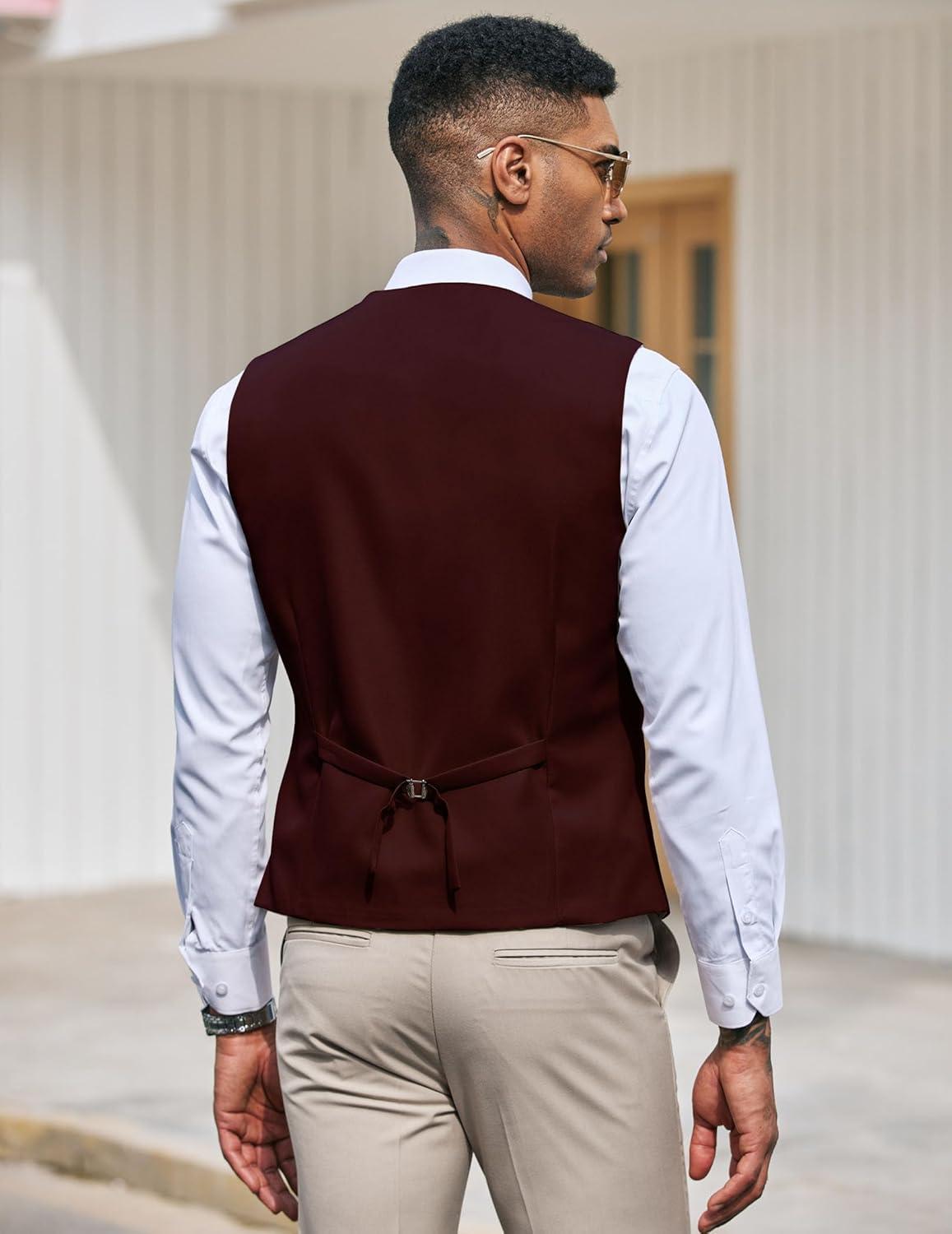 imageCOOFANDY Mens Suit Vest Slim Fit Formal Dress Waistcoat Casual Business Vests for Suit or TuxedoWine Red