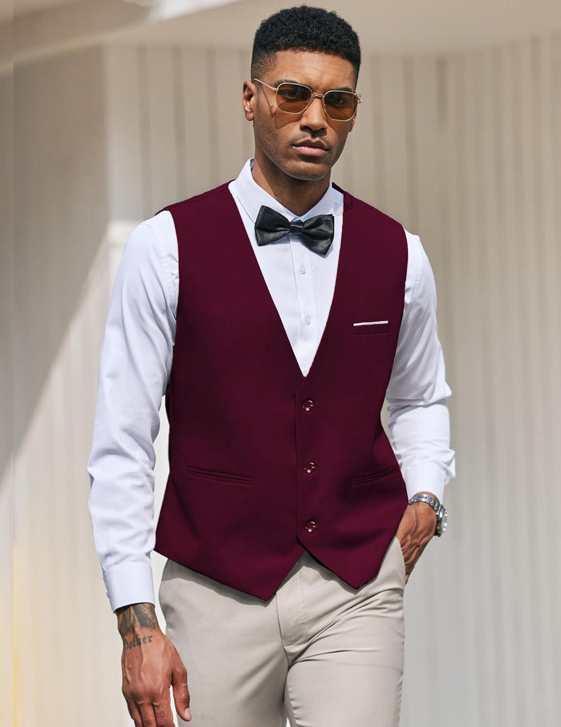 imageCOOFANDY Mens Suit Vest Slim Fit Formal Dress Waistcoat Casual Business Vests for Suit or TuxedoWine Red