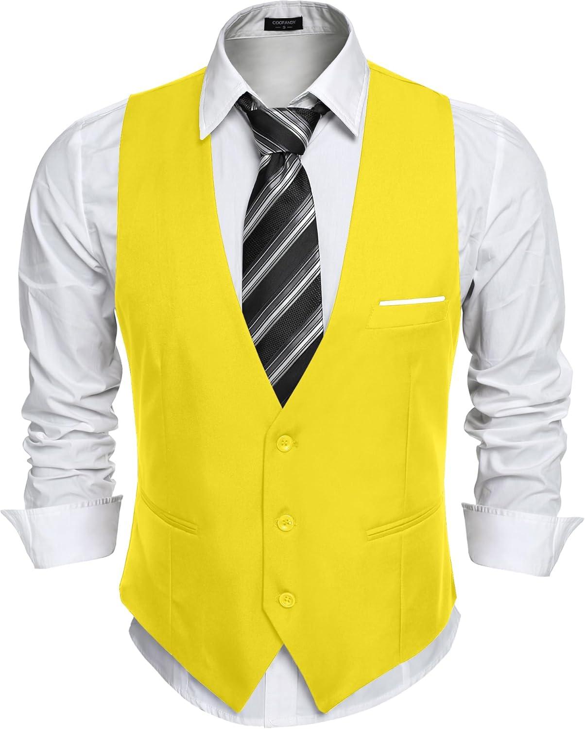 imageCOOFANDY Mens Suit Vest Slim Fit Formal Dress Waistcoat Casual Business Vests for Suit or TuxedoYellow