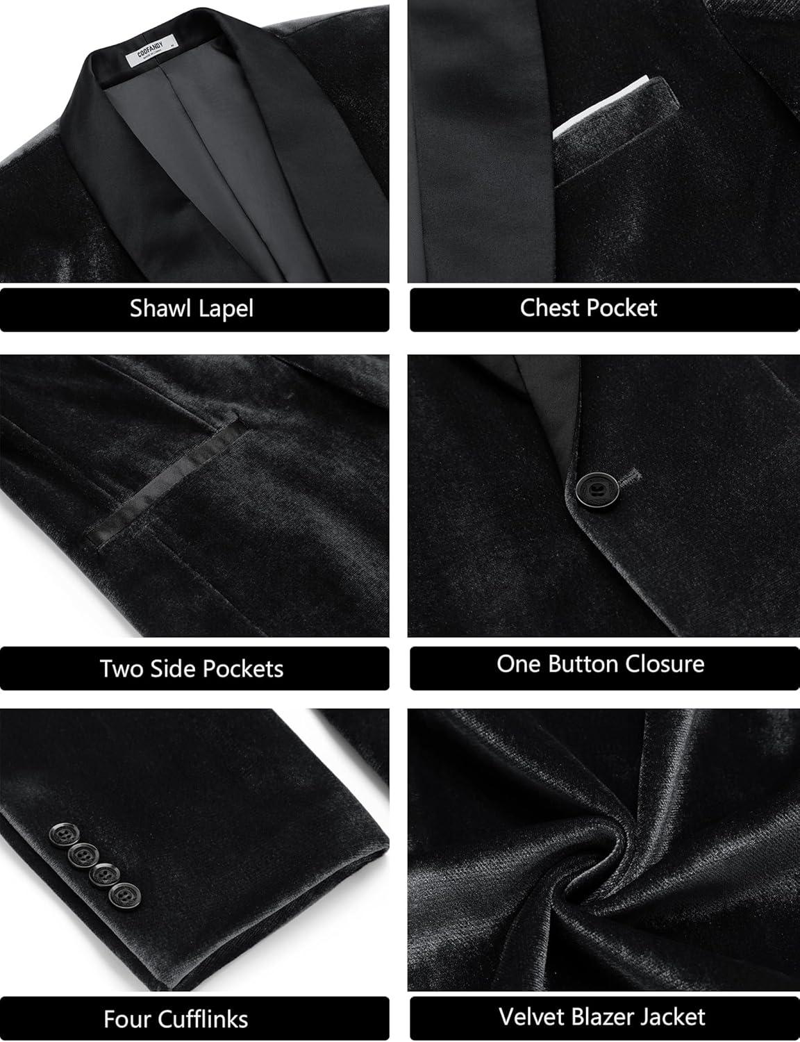 imageCOOFANDY Mens Velvet Tuxedo One Button Jacket Dinner Prom Wedding Blazer JacketBlack