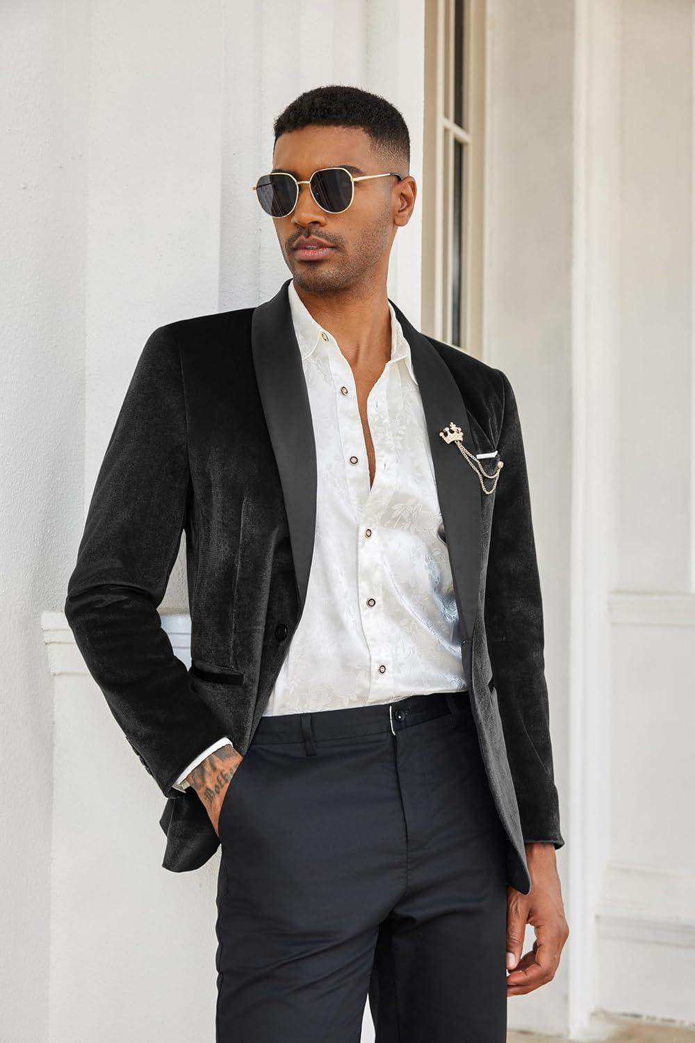imageCOOFANDY Mens Velvet Tuxedo One Button Jacket Dinner Prom Wedding Blazer JacketBlack