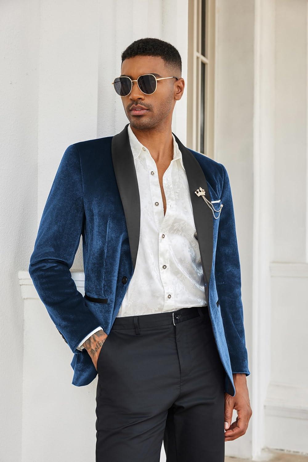 imageCOOFANDY Mens Velvet Tuxedo One Button Jacket Dinner Prom Wedding Blazer JacketBlue