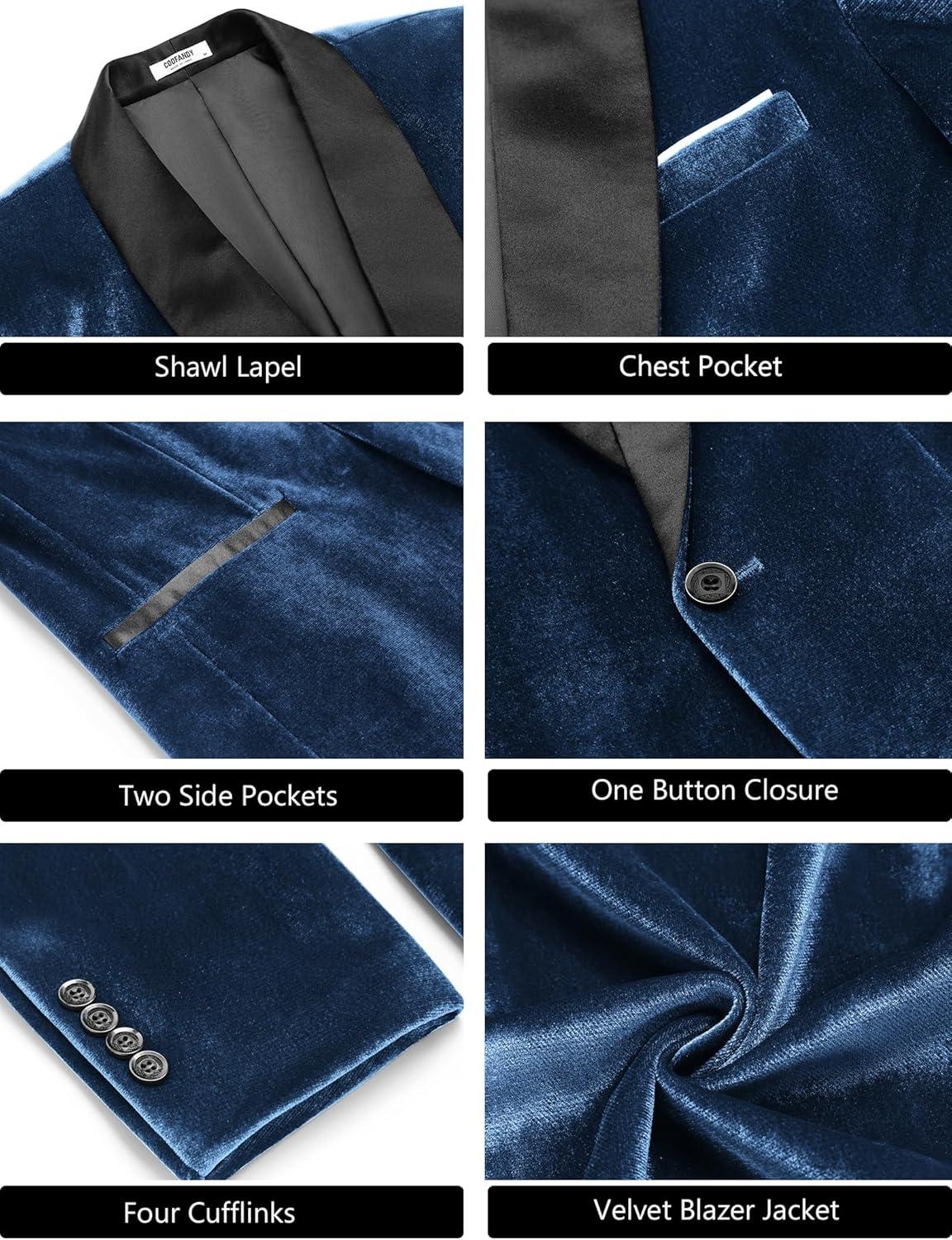 imageCOOFANDY Mens Velvet Tuxedo One Button Jacket Dinner Prom Wedding Blazer JacketBlue