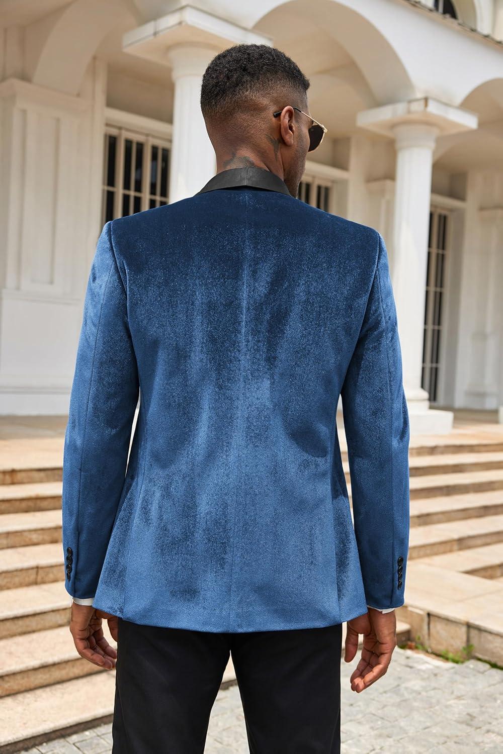 imageCOOFANDY Mens Velvet Tuxedo One Button Jacket Dinner Prom Wedding Blazer JacketBlue
