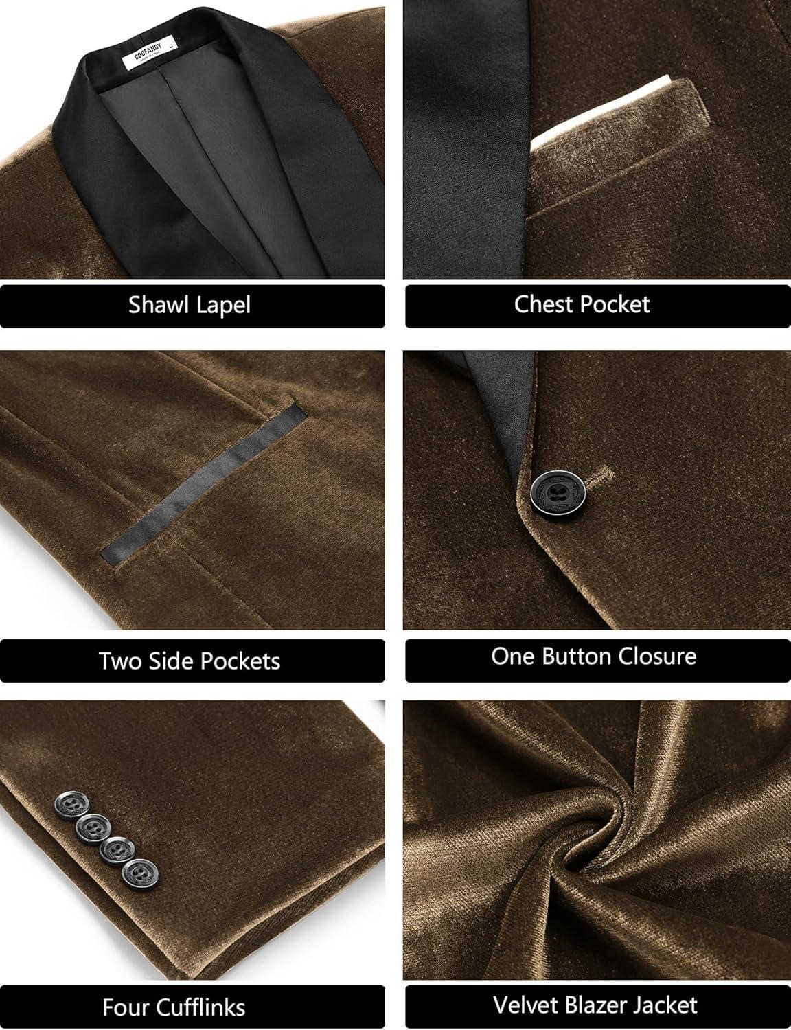 imageCOOFANDY Mens Velvet Tuxedo One Button Jacket Dinner Prom Wedding Blazer JacketBrown