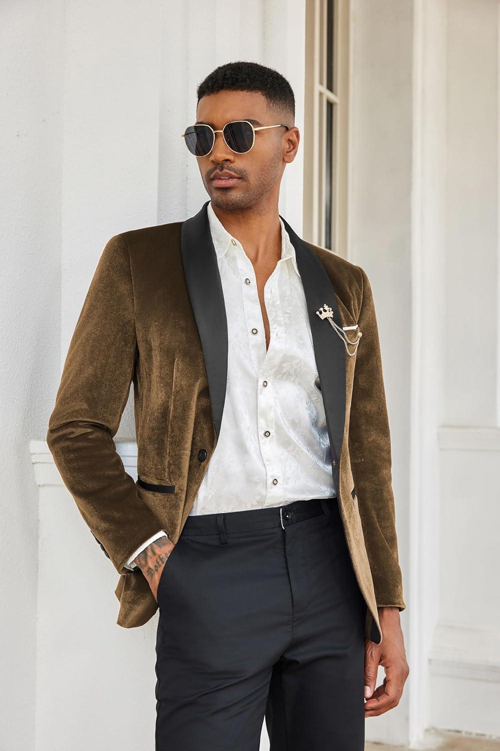 imageCOOFANDY Mens Velvet Tuxedo One Button Jacket Dinner Prom Wedding Blazer JacketBrown