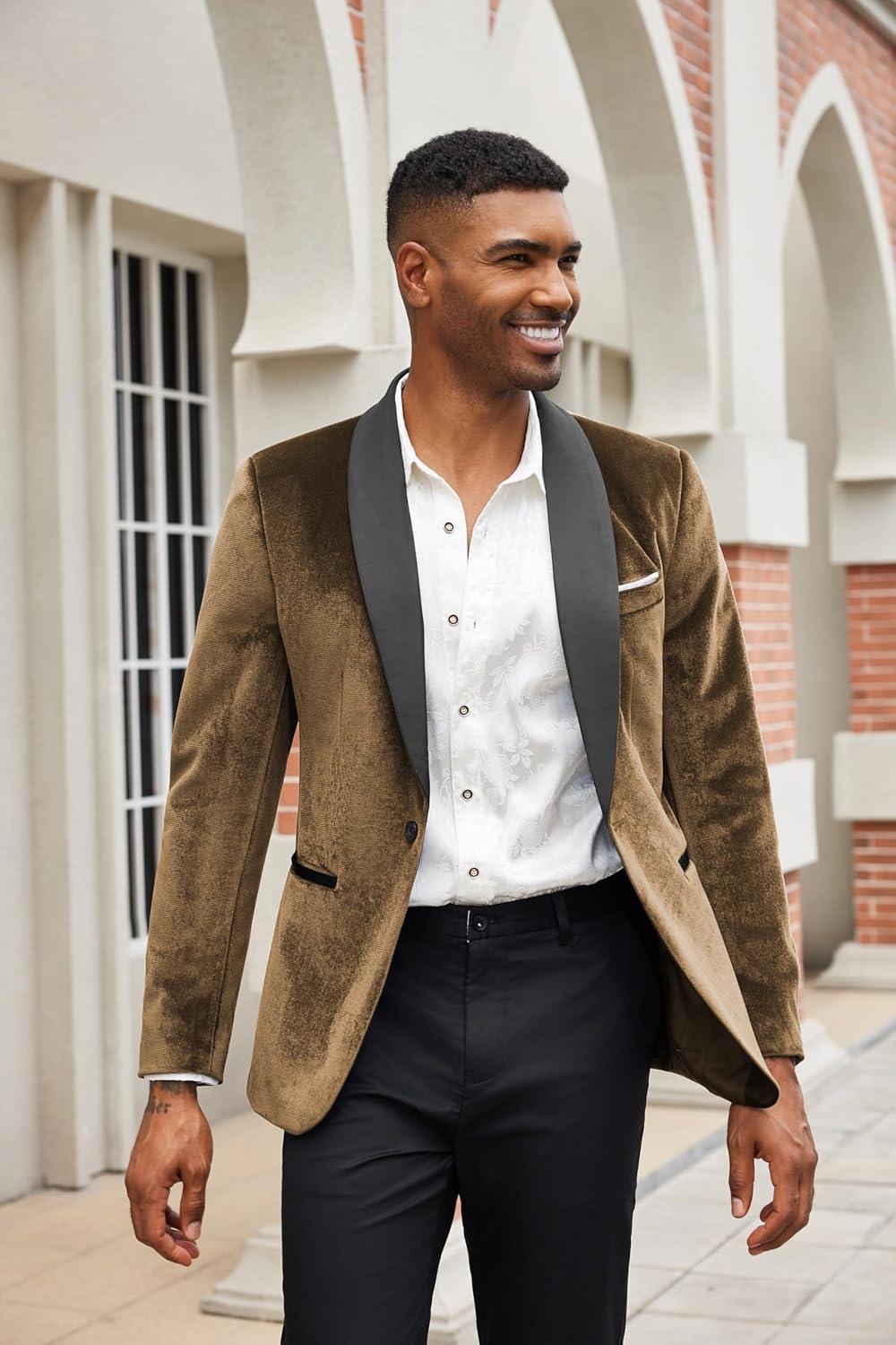 imageCOOFANDY Mens Velvet Tuxedo One Button Jacket Dinner Prom Wedding Blazer JacketBrown