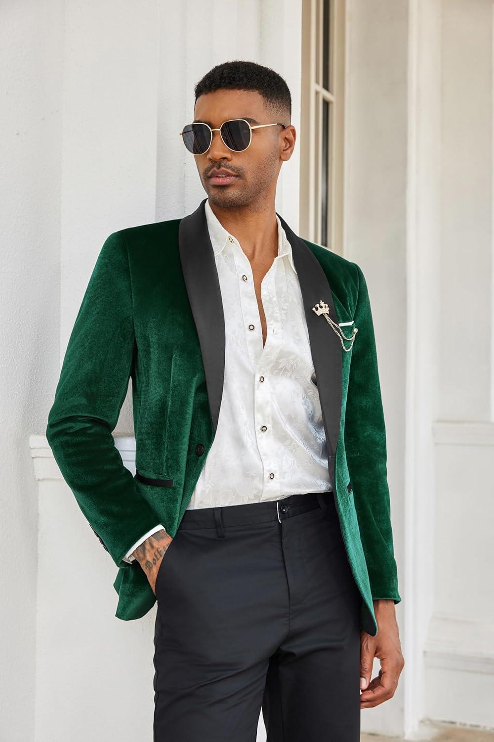 imageCOOFANDY Mens Velvet Tuxedo One Button Jacket Dinner Prom Wedding Blazer JacketLack Green