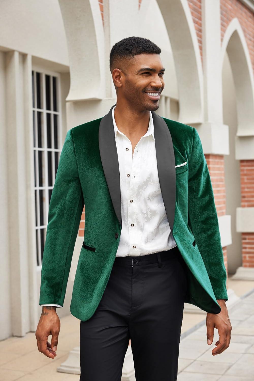 imageCOOFANDY Mens Velvet Tuxedo One Button Jacket Dinner Prom Wedding Blazer JacketLack Green
