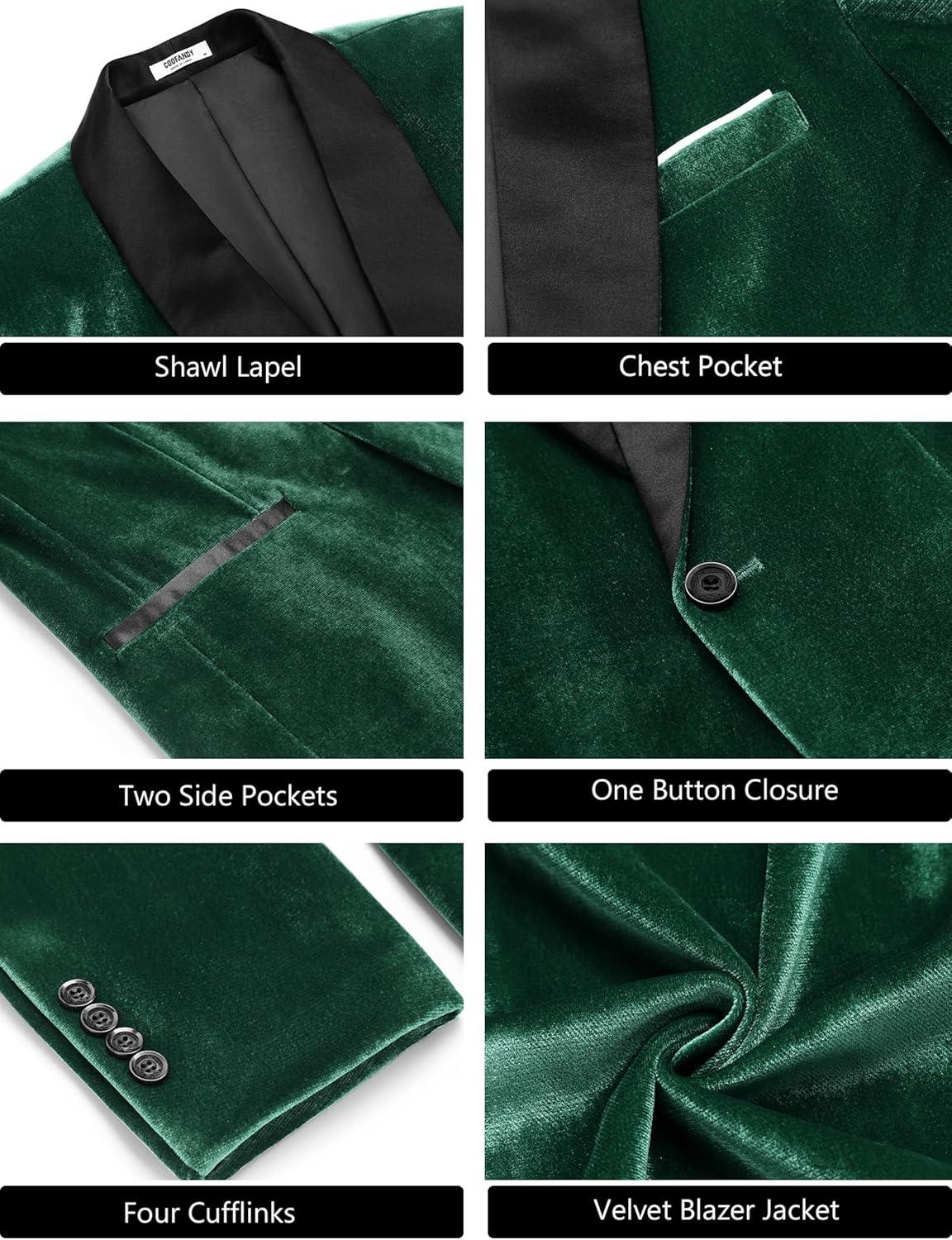 imageCOOFANDY Mens Velvet Tuxedo One Button Jacket Dinner Prom Wedding Blazer JacketLack Green