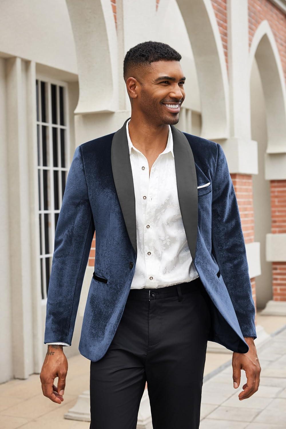 imageCOOFANDY Mens Velvet Tuxedo One Button Jacket Dinner Prom Wedding Blazer JacketNavy Blue