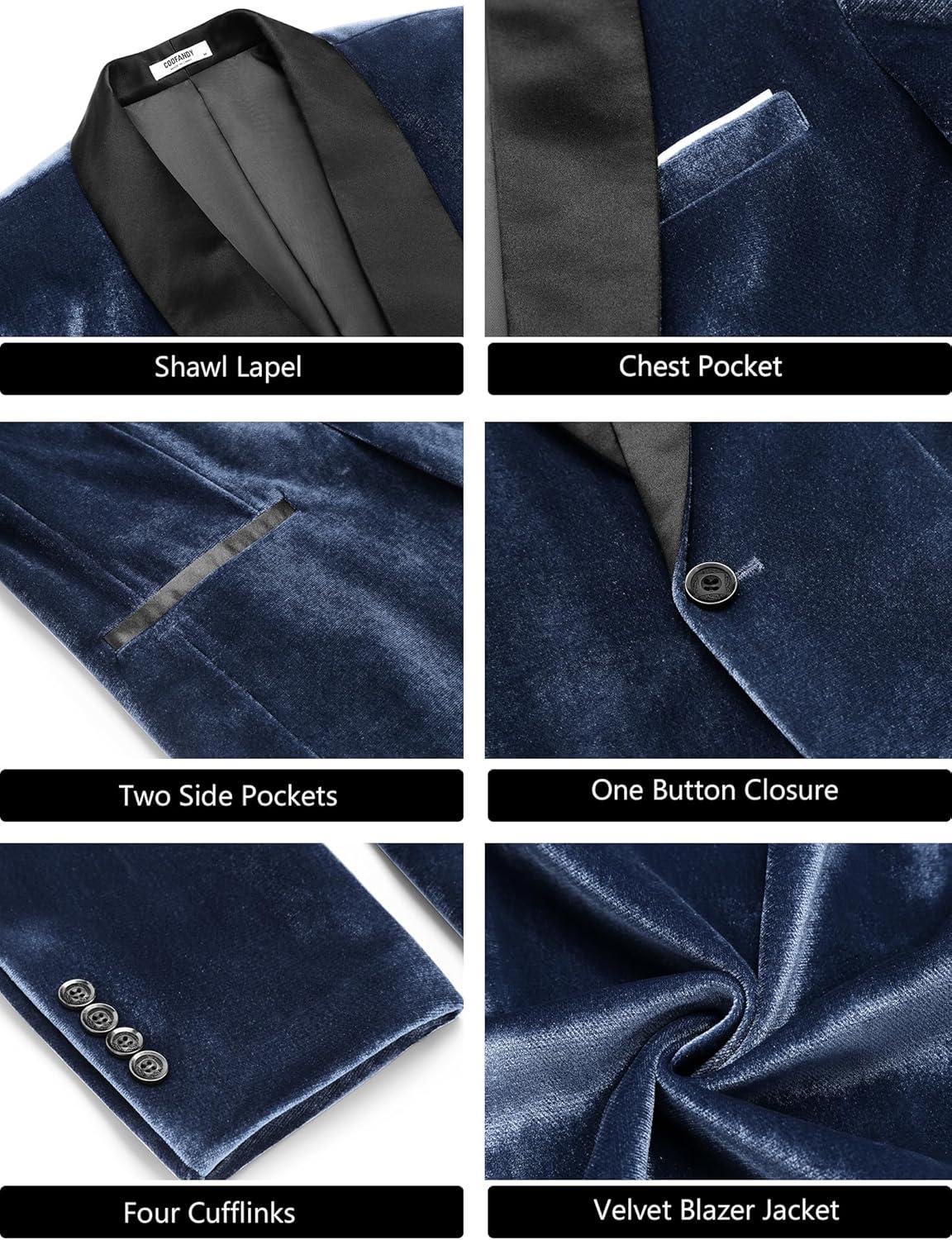 imageCOOFANDY Mens Velvet Tuxedo One Button Jacket Dinner Prom Wedding Blazer JacketNavy Blue