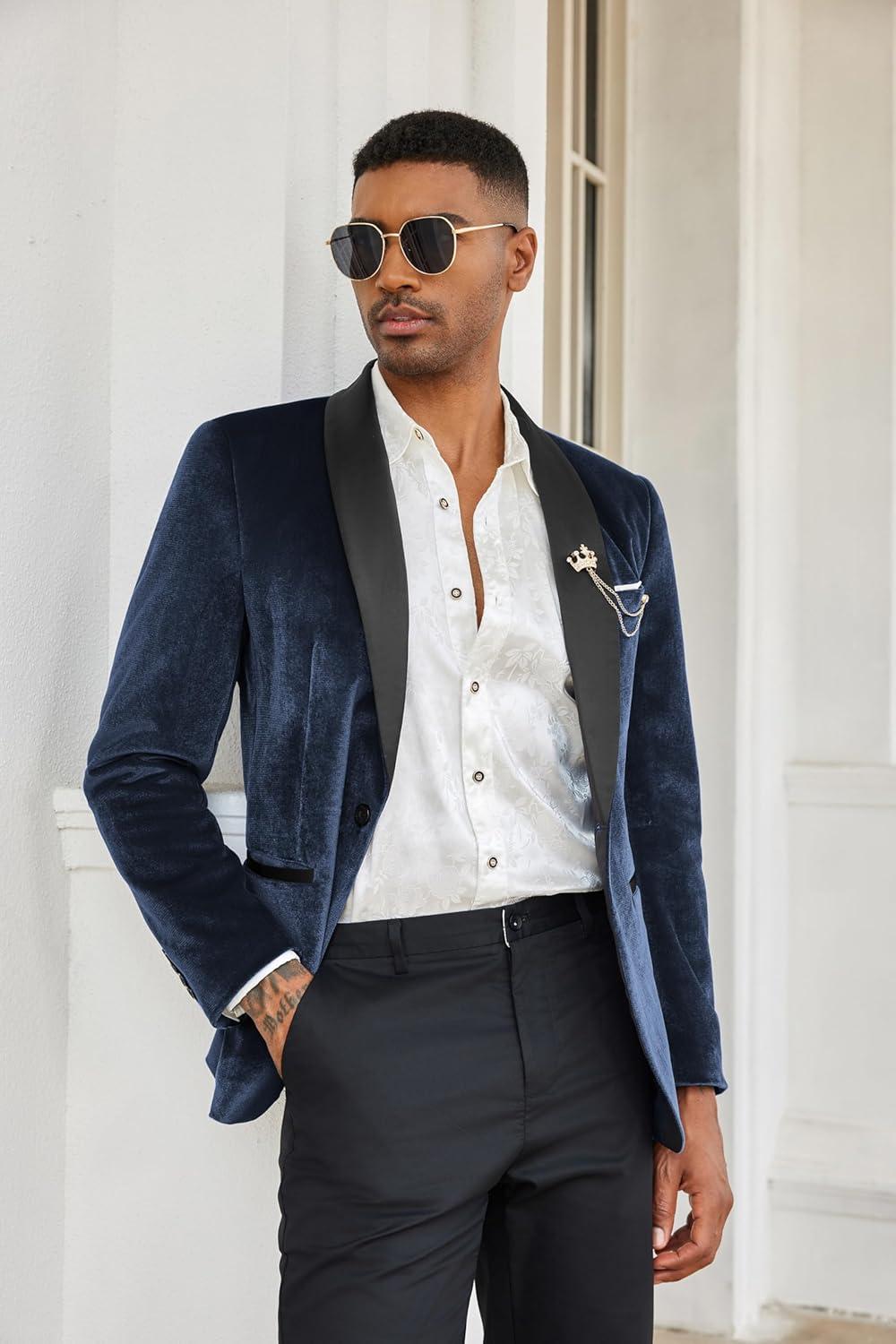 imageCOOFANDY Mens Velvet Tuxedo One Button Jacket Dinner Prom Wedding Blazer JacketNavy Blue