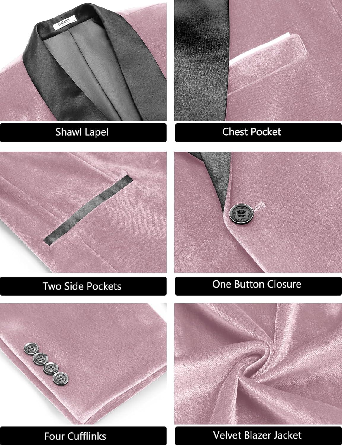 imageCOOFANDY Mens Velvet Tuxedo One Button Jacket Dinner Prom Wedding Blazer JacketPink