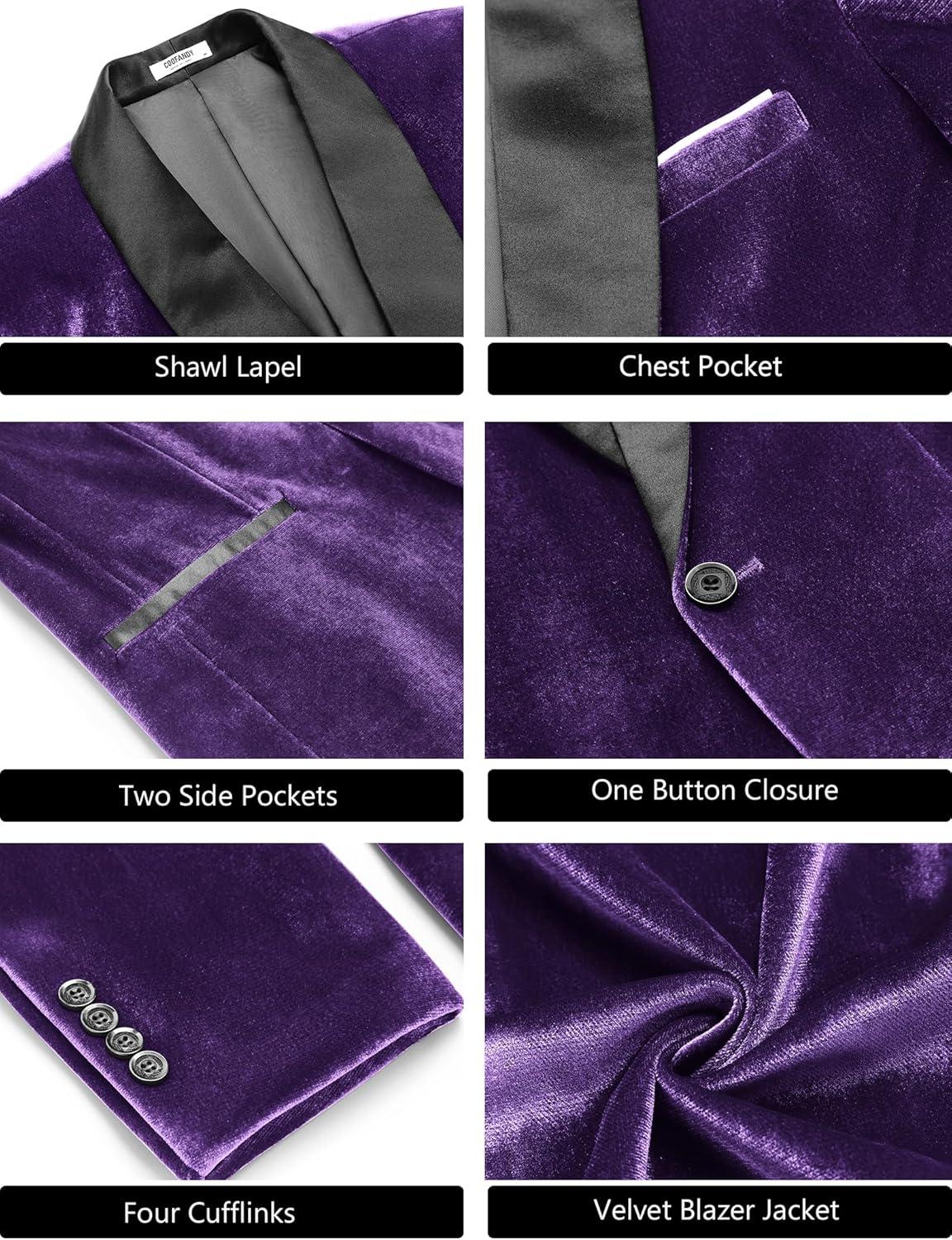 imageCOOFANDY Mens Velvet Tuxedo One Button Jacket Dinner Prom Wedding Blazer JacketPurple