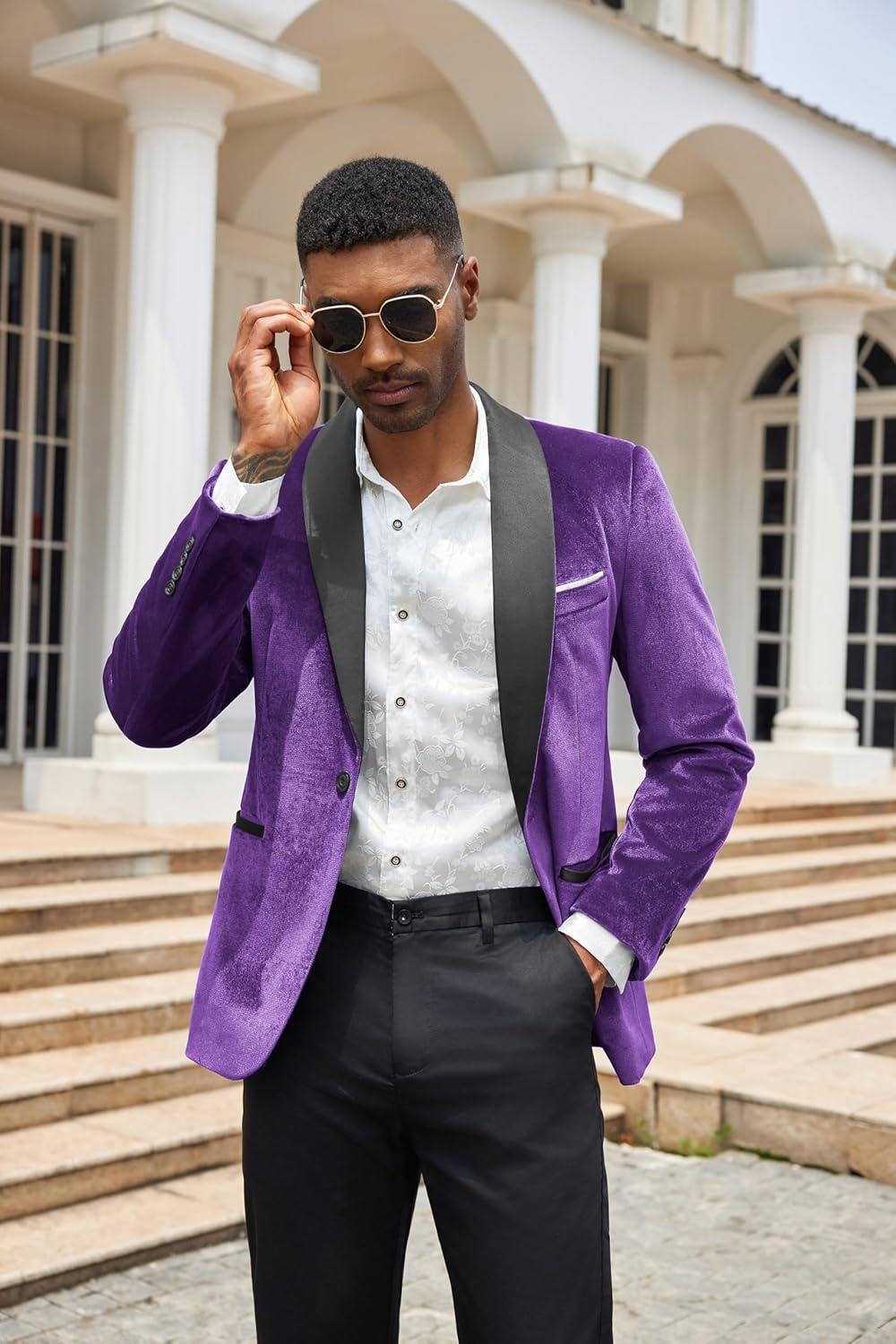 imageCOOFANDY Mens Velvet Tuxedo One Button Jacket Dinner Prom Wedding Blazer JacketPurple