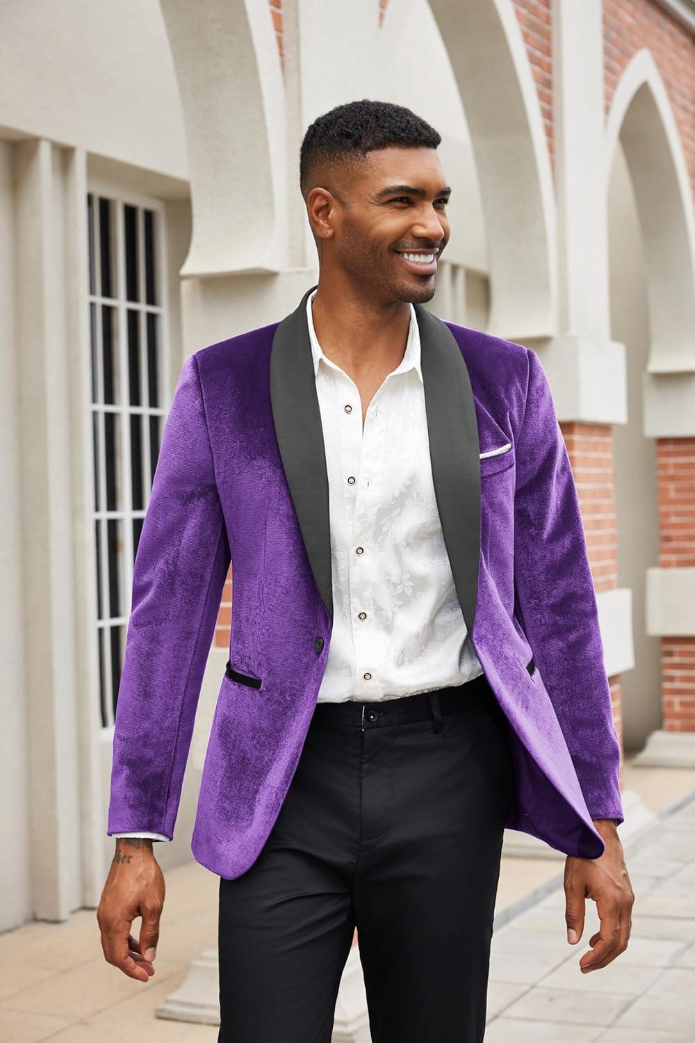 imageCOOFANDY Mens Velvet Tuxedo One Button Jacket Dinner Prom Wedding Blazer JacketPurple