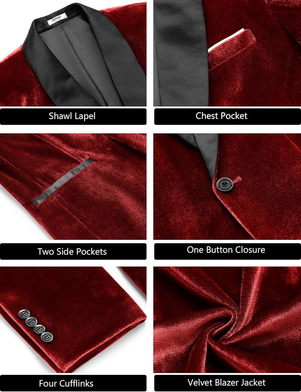 imageCOOFANDY Mens Velvet Tuxedo One Button Jacket Dinner Prom Wedding Blazer JacketRed