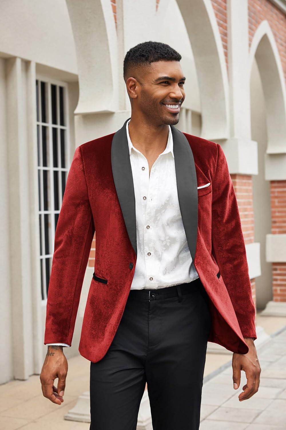 imageCOOFANDY Mens Velvet Tuxedo One Button Jacket Dinner Prom Wedding Blazer JacketRed