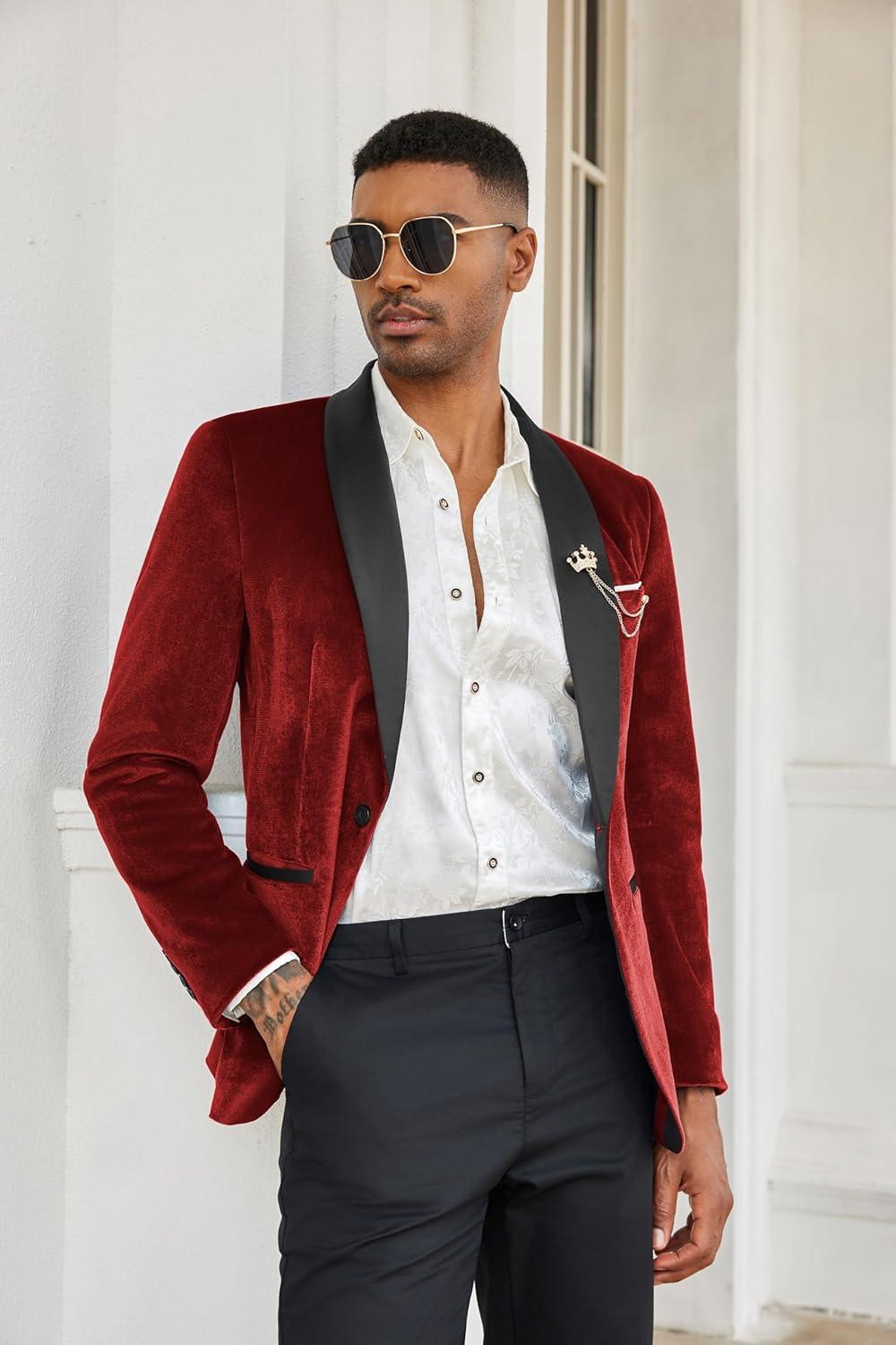 imageCOOFANDY Mens Velvet Tuxedo One Button Jacket Dinner Prom Wedding Blazer JacketRed