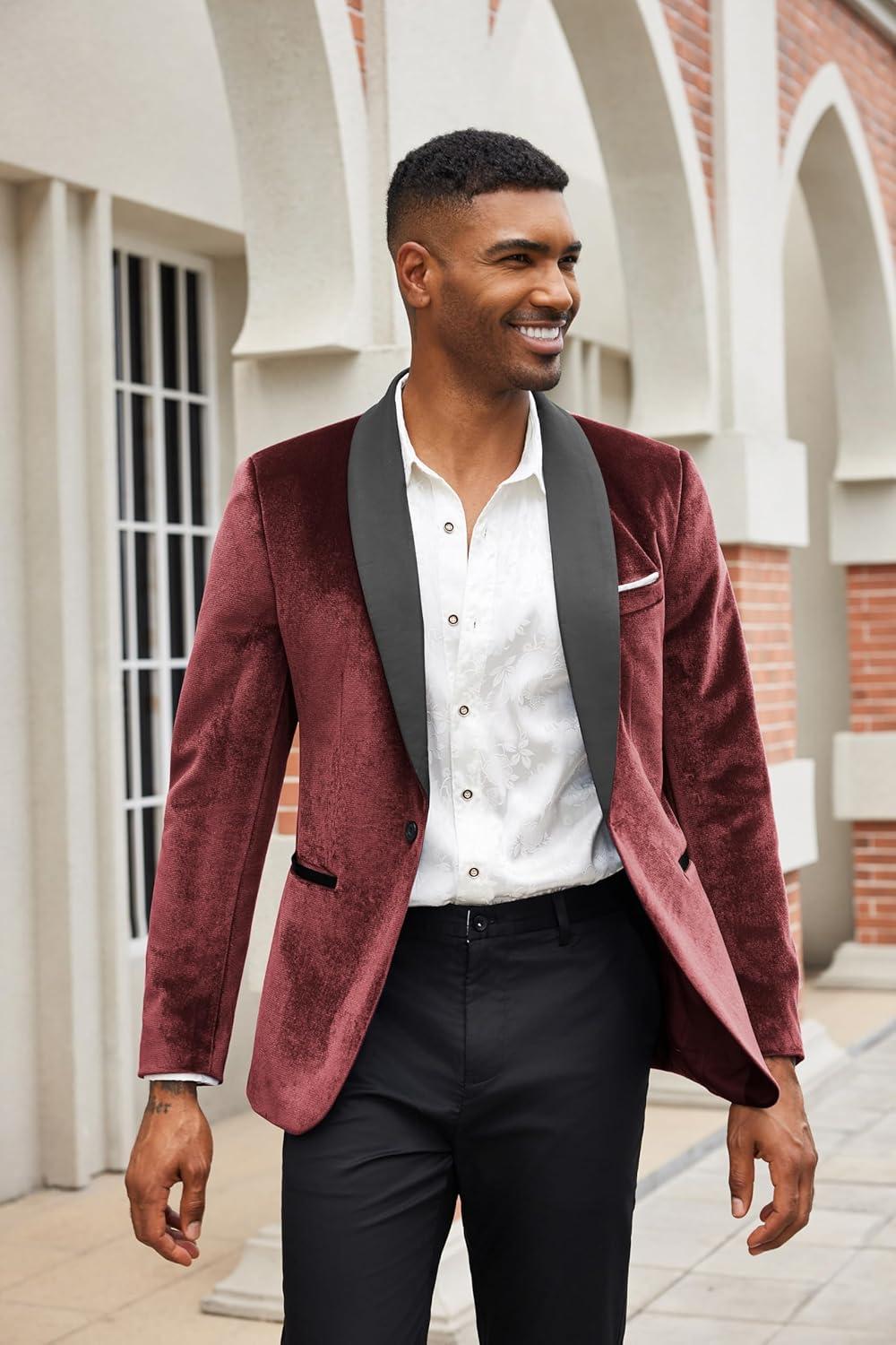 imageCOOFANDY Mens Velvet Tuxedo One Button Jacket Dinner Prom Wedding Blazer JacketWine Red