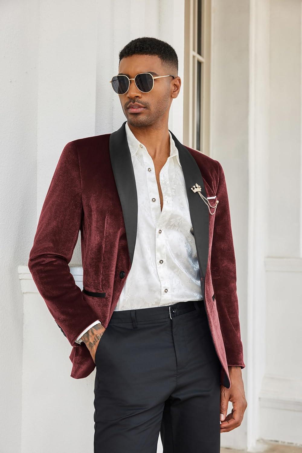 imageCOOFANDY Mens Velvet Tuxedo One Button Jacket Dinner Prom Wedding Blazer JacketWine Red