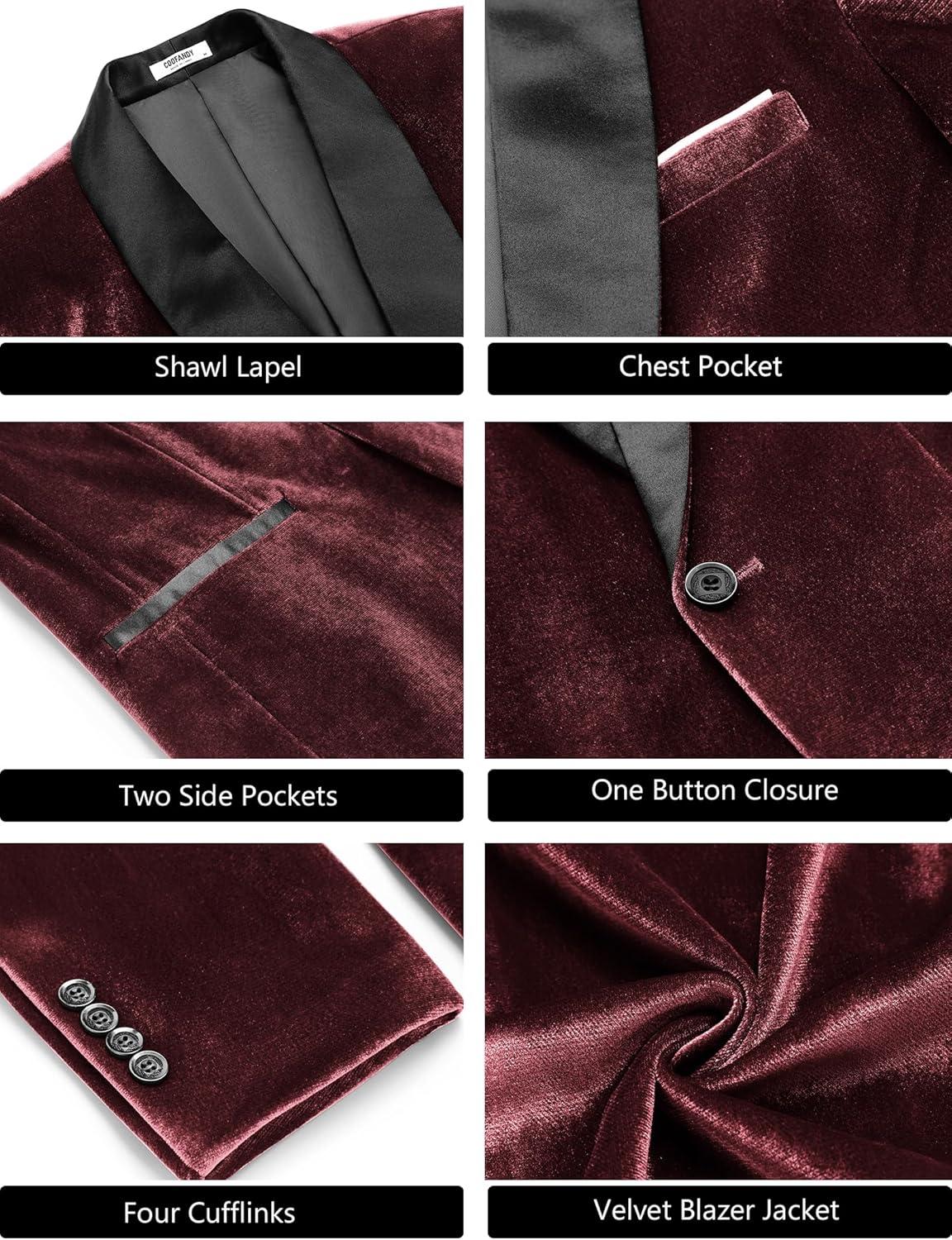 imageCOOFANDY Mens Velvet Tuxedo One Button Jacket Dinner Prom Wedding Blazer JacketWine Red