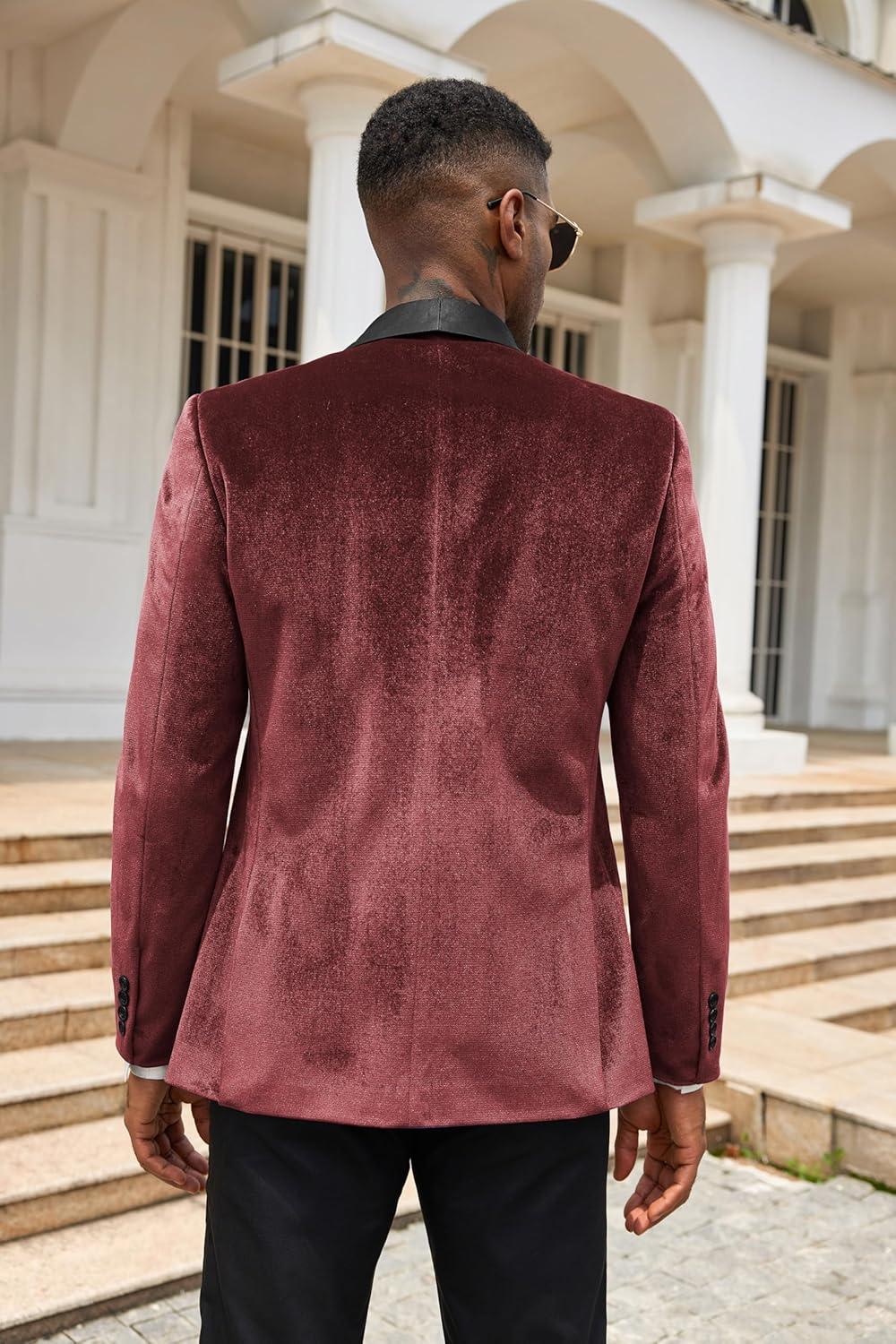 imageCOOFANDY Mens Velvet Tuxedo One Button Jacket Dinner Prom Wedding Blazer JacketWine Red