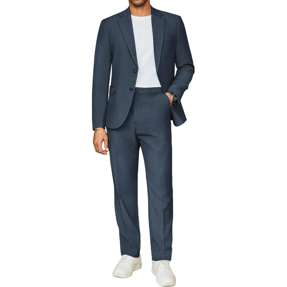imageCOOFANDY Mens 2 Piece Suits Regular Fit Two Buttons Casual Blazer Jacket and Pants Set Tuxedo Suit for Wedding Prom BusinessDark Blue