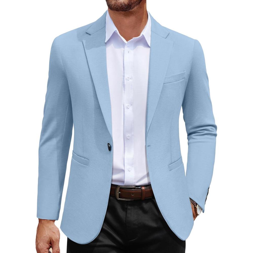 imageCOOFANDY Mens Casual Blazer Jacket One Button Suit Jackets Lightweight Knit Sport CoatLight Blue
