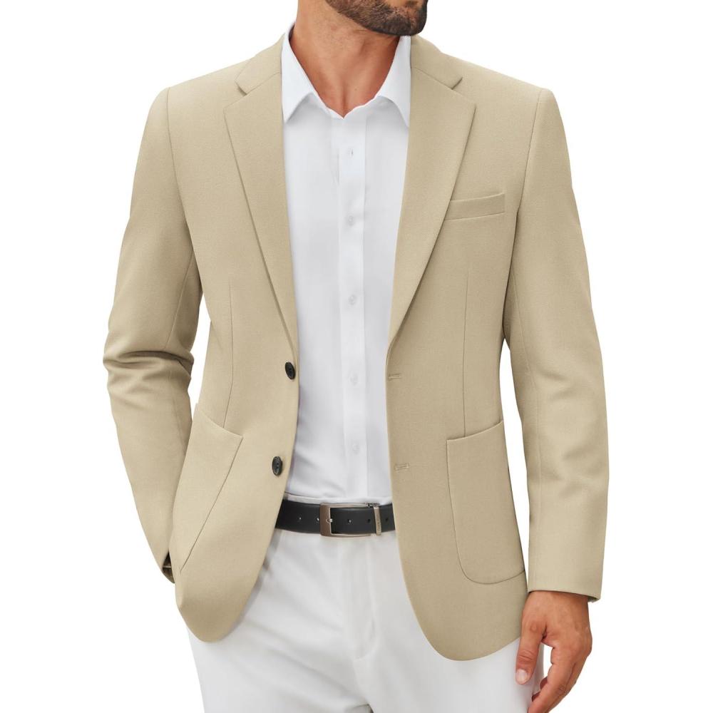 imageCOOFANDY Mens Casual Blazer Jacket Two Button Suit Jackets Lightweight Knit Sport CoatLight Khaki