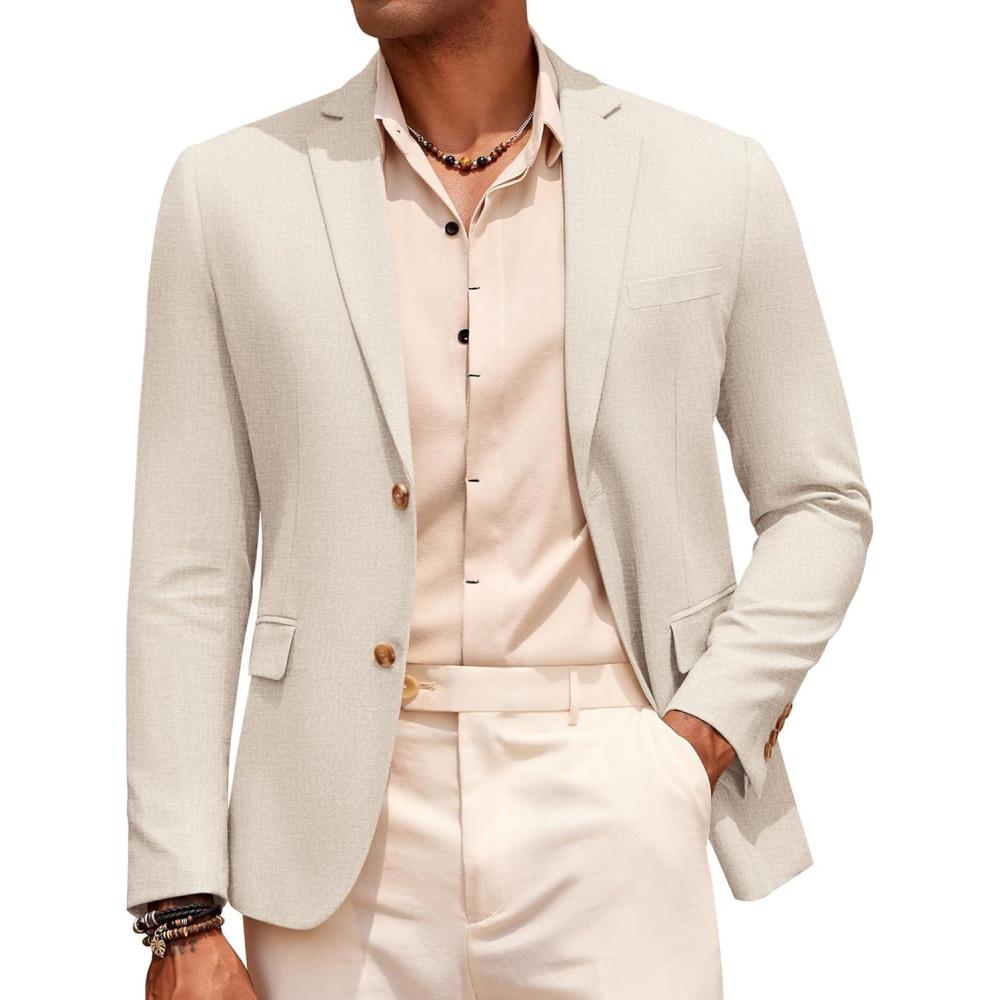 imageCOOFANDY Mens Casual Cotton Linen Blazer Lightweight Linen Sport Coat Two Button Suit JacketLight Khaki