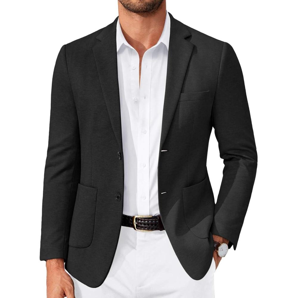 imageCOOFANDY Mens Casual Knit Blazer Slim Fit Lightweight Sport Coat Stretch Two Button Suit JacketBlack