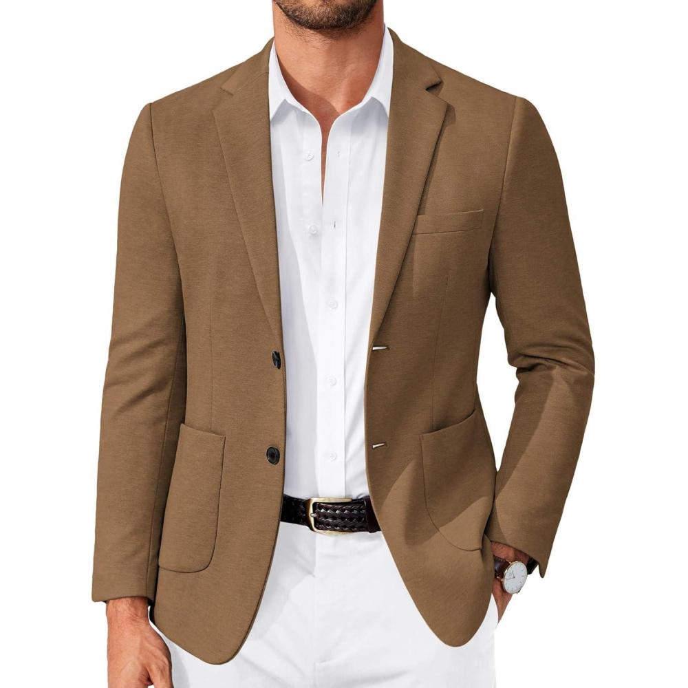 imageCOOFANDY Mens Casual Knit Blazer Slim Fit Lightweight Sport Coat Stretch Two Button Suit JacketBrown