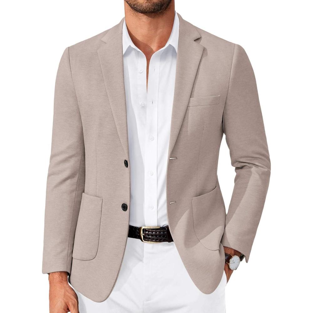 imageCOOFANDY Mens Casual Knit Blazer Slim Fit Lightweight Sport Coat Stretch Two Button Suit JacketKhaki