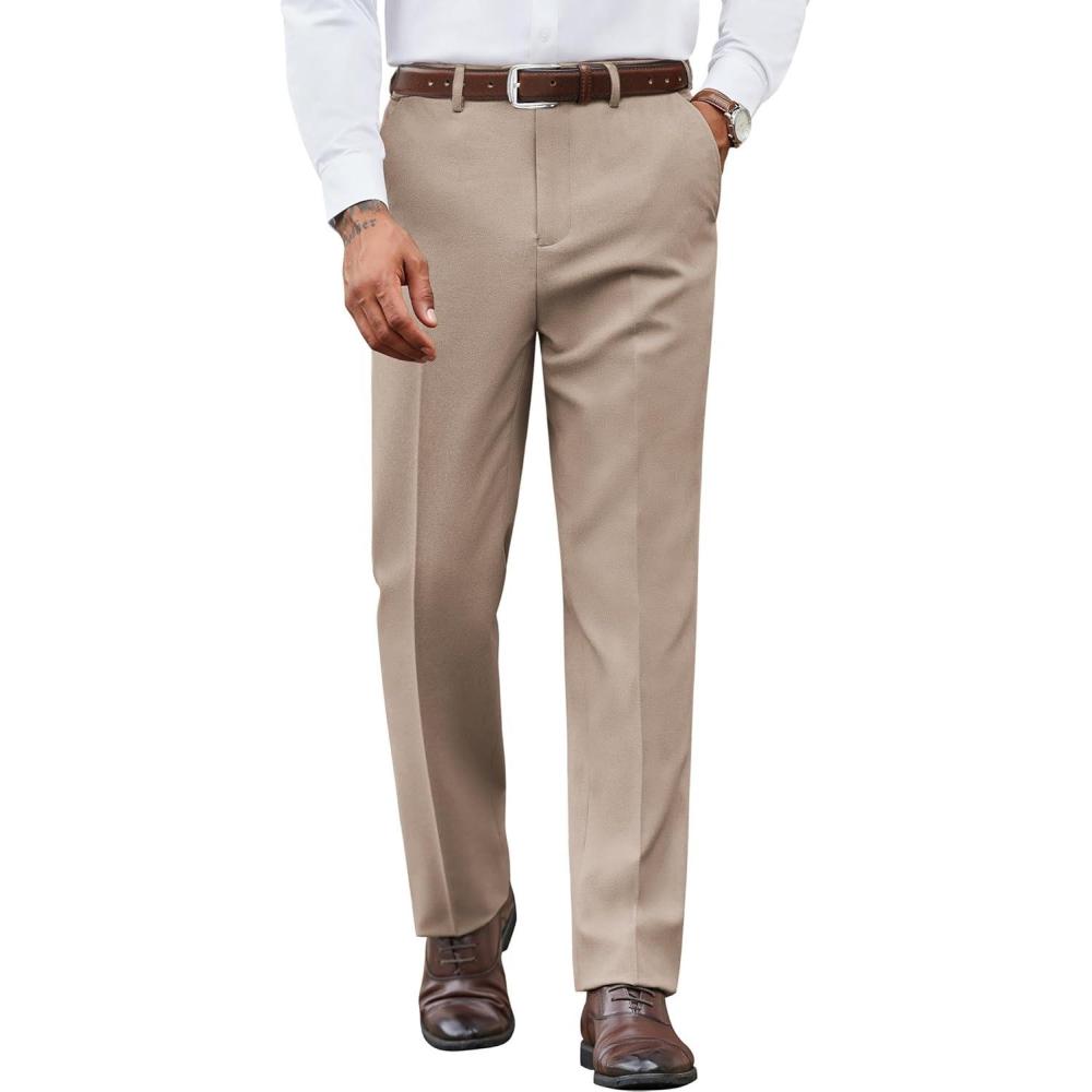 imageCOOFANDY Mens Dress Pants Regular Fit Flat Front Pant Expandable Waist Casual SlacksKhaki