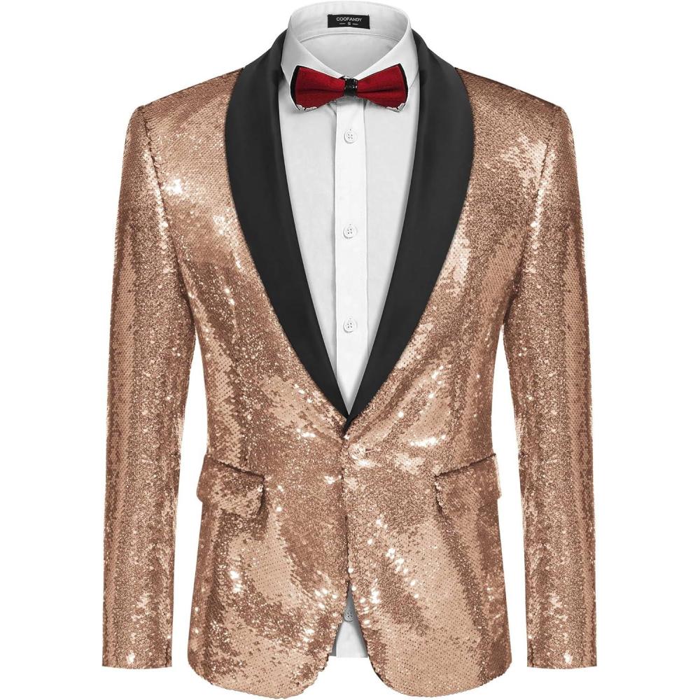 imageCOOFANDY Mens Shiny Sequin Blazer Tuxedo Party Dinner Prom One Button Suit JacketRose Golden