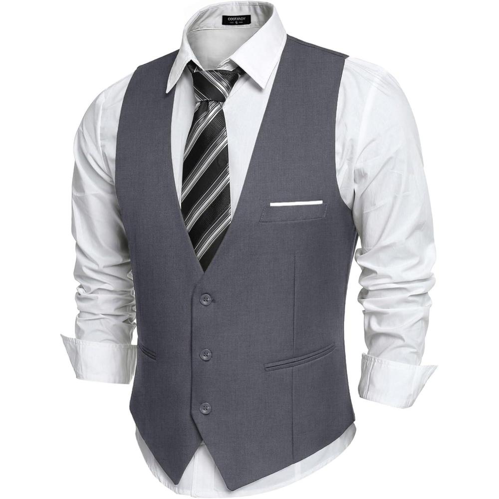 imageCOOFANDY Mens Suit Vest Slim Fit Formal Dress Waistcoat Casual Business Vests for Suit or TuxedoDark Heather Gray