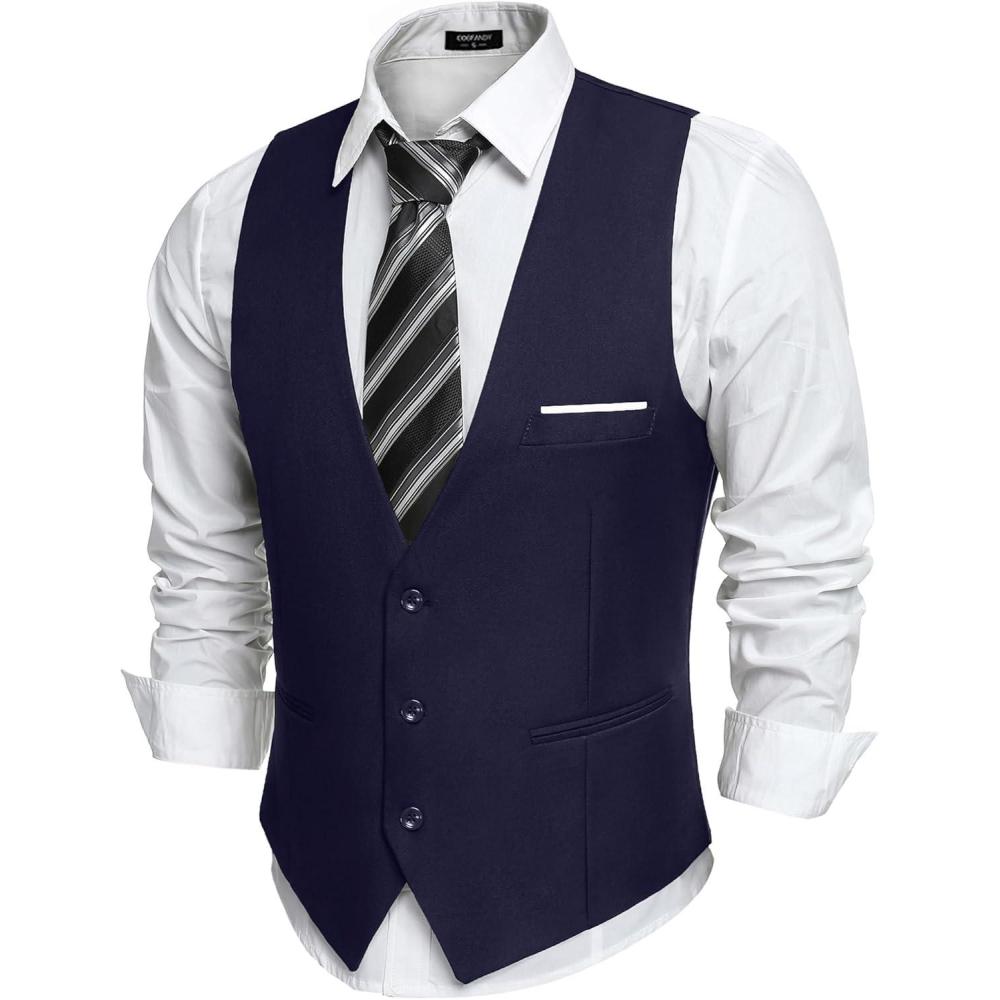 imageCOOFANDY Mens Suit Vest Slim Fit Formal Dress Waistcoat Casual Business Vests for Suit or TuxedoNavy Blue