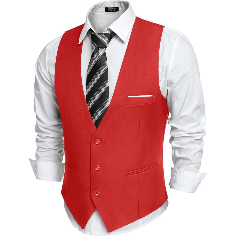 imageCOOFANDY Mens Suit Vest Slim Fit Formal Dress Waistcoat Casual Business Vests for Suit or TuxedoRed