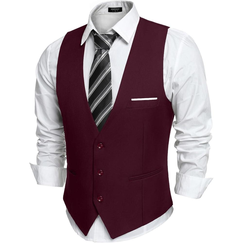 imageCOOFANDY Mens Suit Vest Slim Fit Formal Dress Waistcoat Casual Business Vests for Suit or TuxedoWine Red