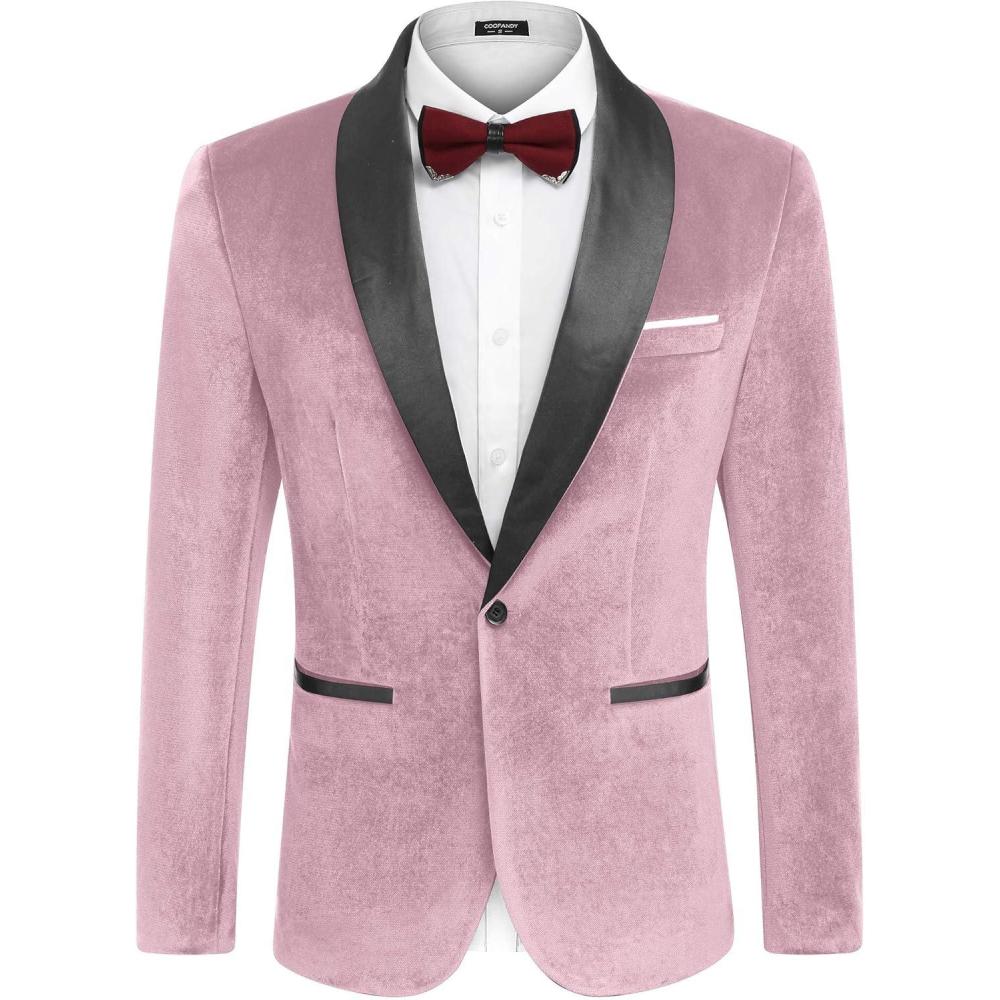imageCOOFANDY Mens Velvet Tuxedo One Button Jacket Dinner Prom Wedding Blazer JacketPink