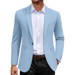 imageCOOFANDY Mens Casual Blazer Jacket One Button Suit Jackets Lightweight Knit Sport CoatLight Blue